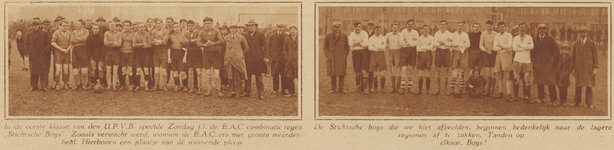 873412 Collage van 2 foto's betreffende de voetbalwedstrijd tussen E.A.C. en Stichtsche Boys (Utrecht), met twee ...